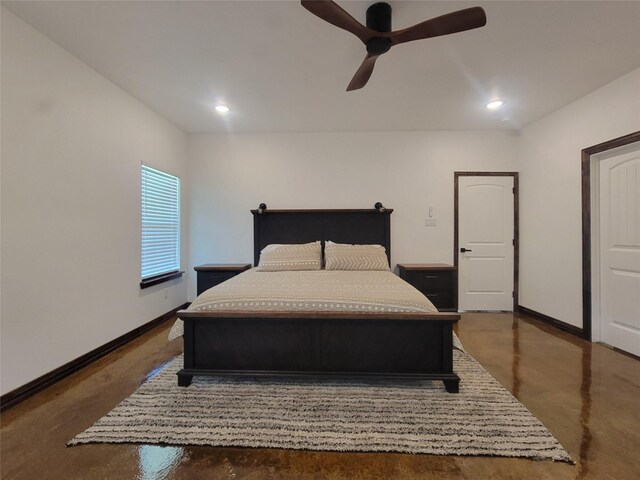 bedroom featuring concrete flooring and ceiling fan