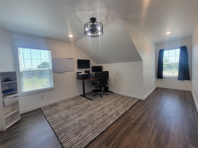 office space with a wealth of natural light, dark hardwood / wood-style flooring, and vaulted ceiling