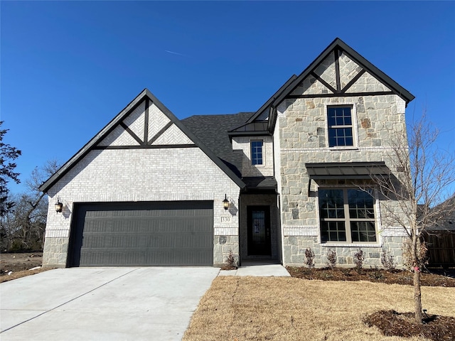 view of front of home with brick siding, a shingled roof, concrete driveway, an attached garage, and central AC