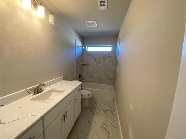 full bathroom with toilet, vanity, and tiled shower / bath combo