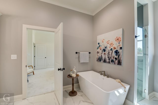 bathroom featuring crown molding and shower with separate bathtub