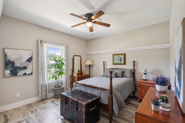 bedroom featuring ceiling fan and light hardwood / wood-style floors