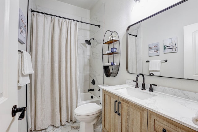 full bathroom with vanity, toilet, and shower / bath combo with shower curtain