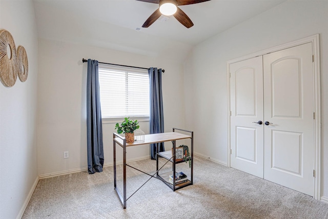 office featuring light colored carpet and ceiling fan