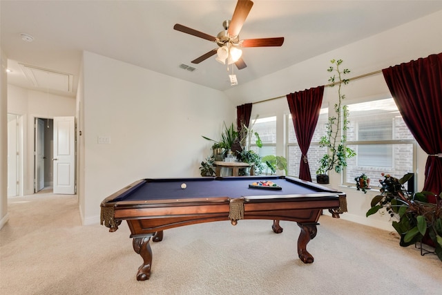 rec room featuring light carpet, ceiling fan, vaulted ceiling, and pool table