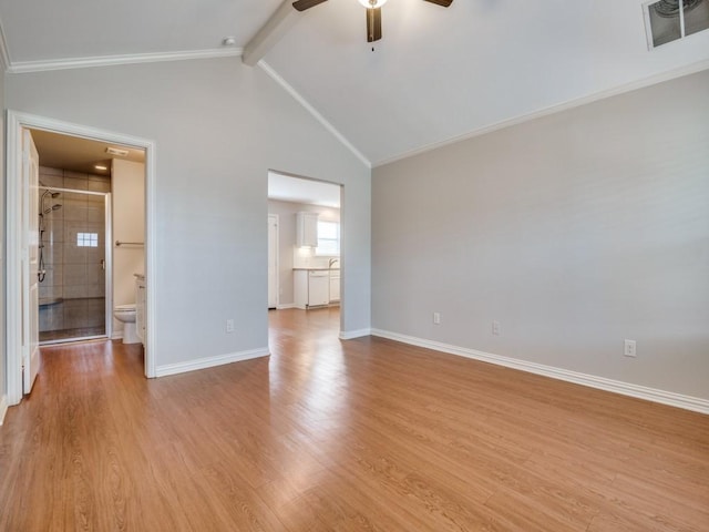 unfurnished living room with beam ceiling, ceiling fan, high vaulted ceiling, light hardwood / wood-style floors, and ornamental molding