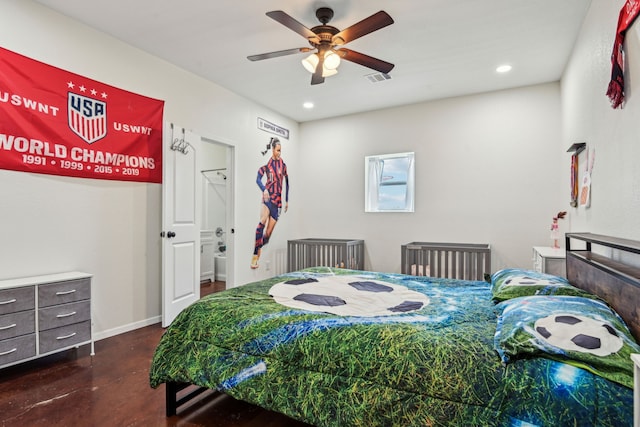 bedroom with dark hardwood / wood-style floors and ceiling fan