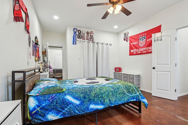 bedroom featuring concrete floors and ceiling fan