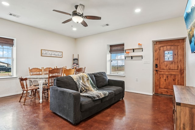 living room with ceiling fan