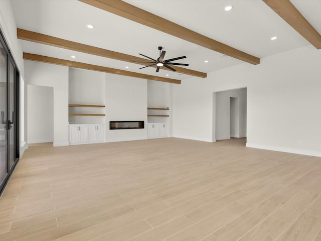 unfurnished living room featuring beam ceiling, light hardwood / wood-style floors, and ceiling fan