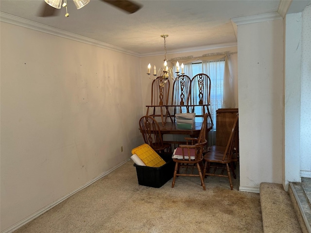 dining room featuring crown molding, carpet flooring, and ceiling fan with notable chandelier