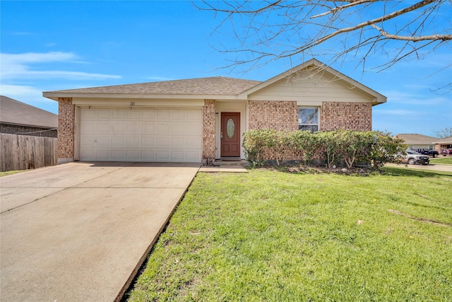 ranch-style house with a garage and a front lawn