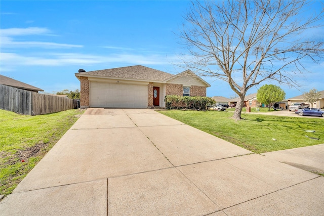 single story home with a front yard and a garage