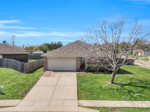 ranch-style house with a front yard and a garage