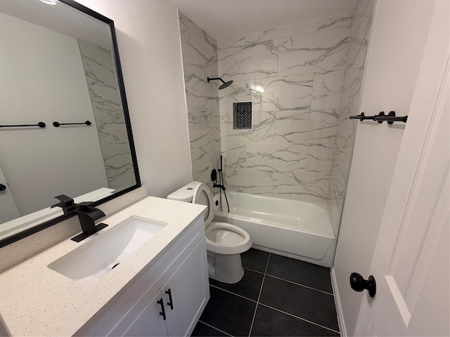 full bathroom featuring toilet, vanity, tiled shower / bath combo, and tile patterned flooring