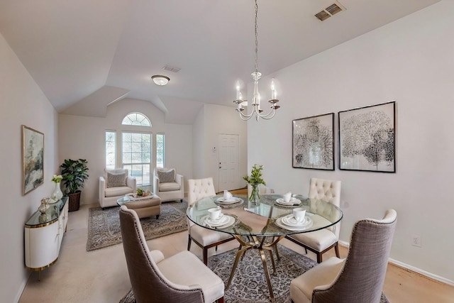 dining space with vaulted ceiling and a notable chandelier