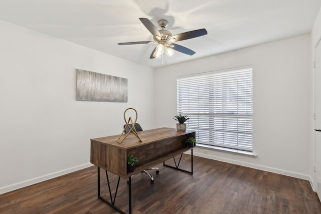 office space featuring dark hardwood / wood-style floors and ceiling fan