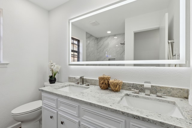 bathroom with vanity, toilet, and walk in shower