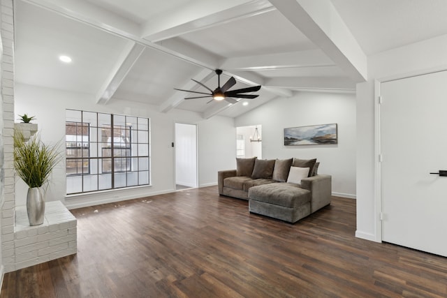 living room featuring dark hardwood / wood-style flooring, lofted ceiling with beams, and ceiling fan