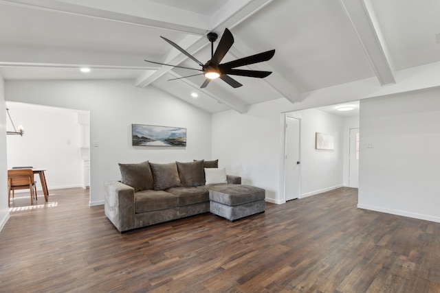 living room featuring lofted ceiling with beams, dark hardwood / wood-style floors, and ceiling fan with notable chandelier