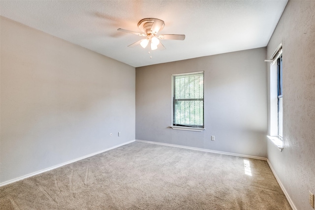 carpeted empty room with ceiling fan, a wealth of natural light, and a textured ceiling