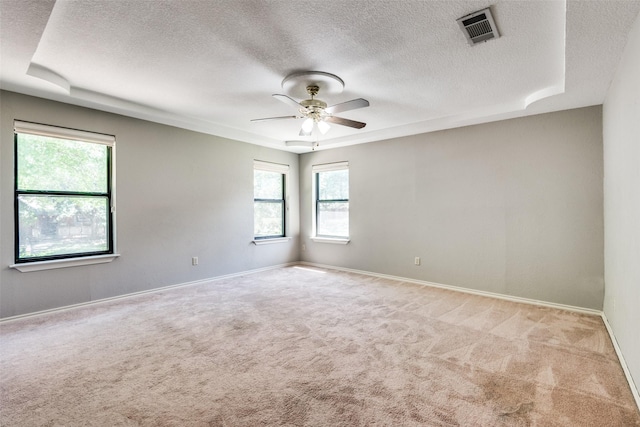 unfurnished room featuring light colored carpet, a textured ceiling, and ceiling fan