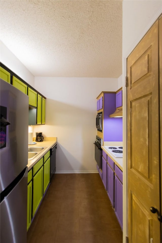 kitchen with sink, black appliances, and a textured ceiling