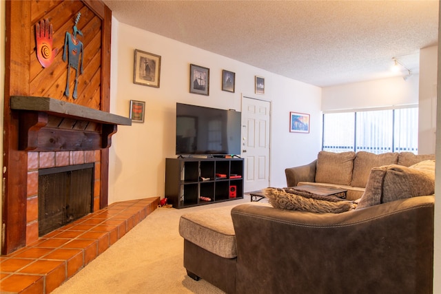 living room with a textured ceiling, carpet floors, a fireplace, and rail lighting