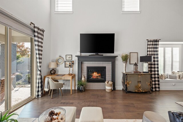 living room featuring a wealth of natural light and dark wood-type flooring