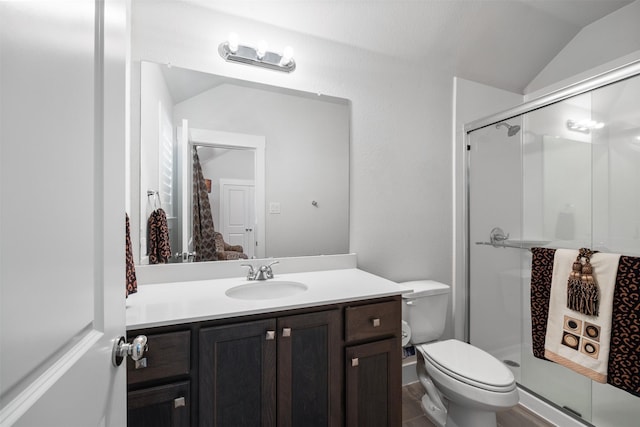 bathroom featuring walk in shower, vanity, vaulted ceiling, and toilet