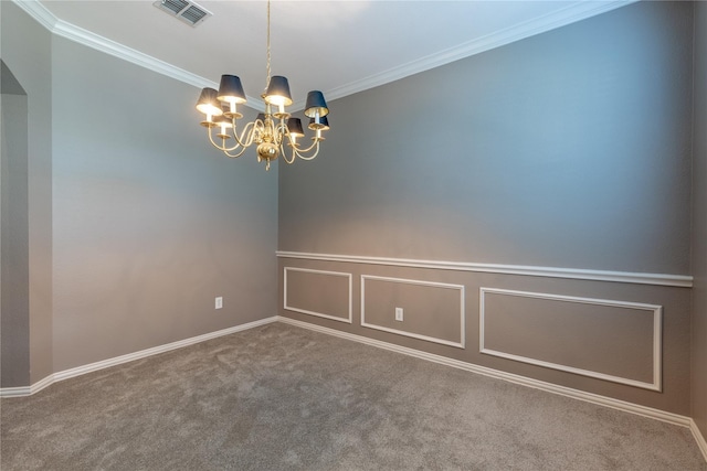 unfurnished room featuring a chandelier, carpet floors, and ornamental molding