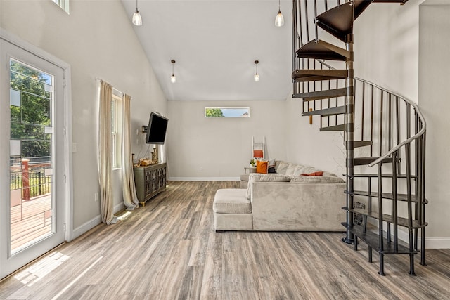 living room featuring high vaulted ceiling and hardwood / wood-style flooring