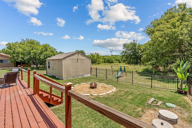 exterior space with a storage unit and a deck