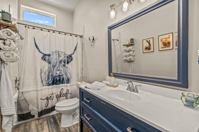 bathroom featuring hardwood / wood-style floors, vanity, and toilet