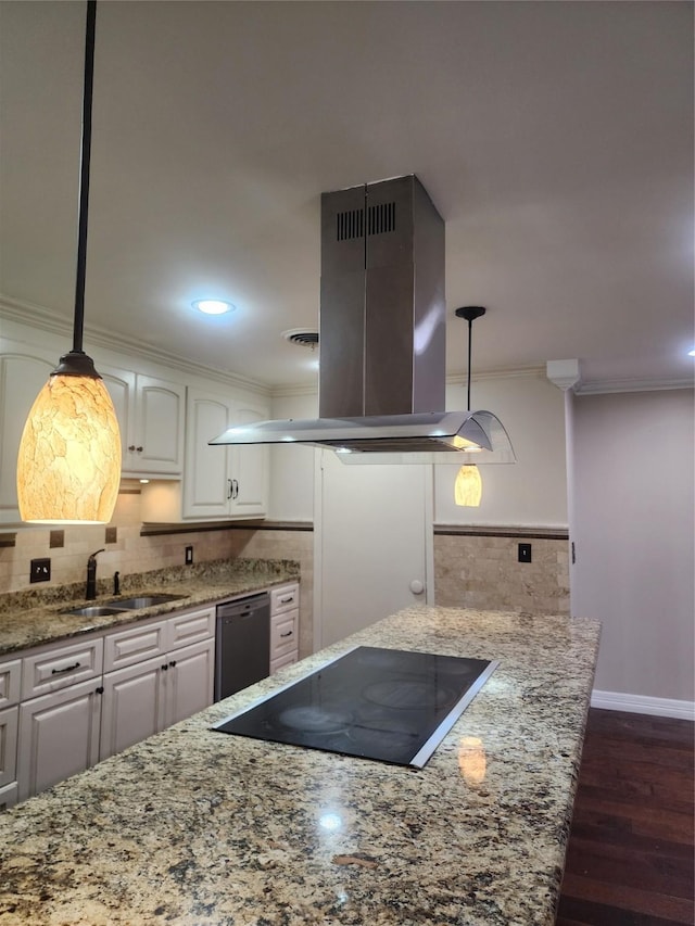 kitchen featuring white cabinetry, dishwasher, island exhaust hood, and black electric cooktop