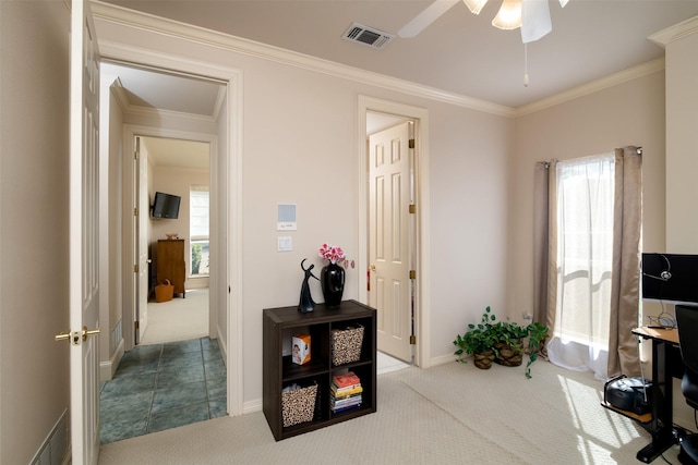 interior space with crown molding and carpet floors