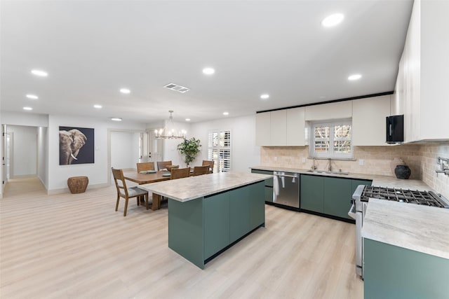 kitchen featuring recessed lighting, light countertops, green cabinetry, and stainless steel appliances