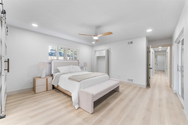 bedroom with visible vents, recessed lighting, a ceiling fan, and light wood-type flooring