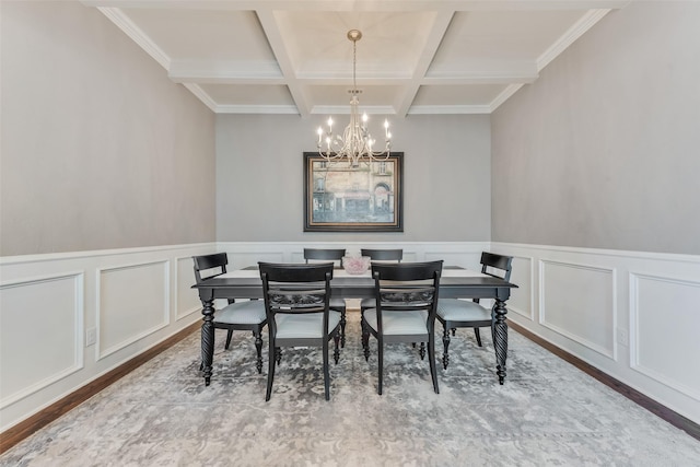 dining room with beam ceiling, wood-type flooring, coffered ceiling, and an inviting chandelier