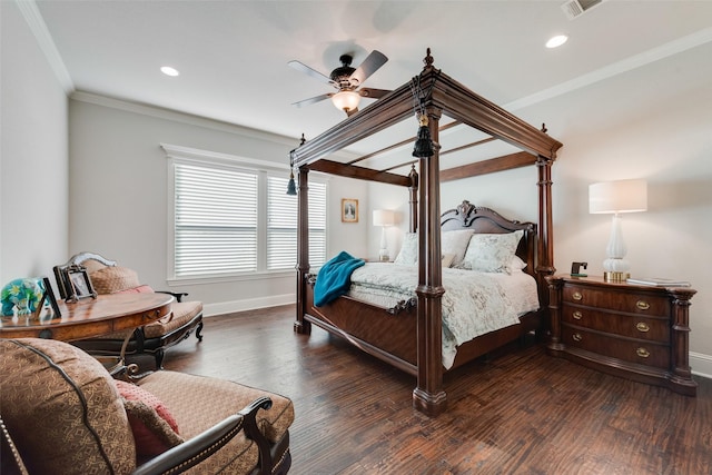 bedroom with dark hardwood / wood-style flooring, ceiling fan, and ornamental molding