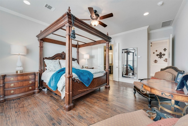 bedroom with dark wood-type flooring, ceiling fan, and ornamental molding