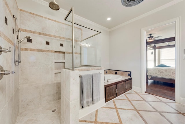 bathroom with crown molding, ceiling fan, and tiled shower