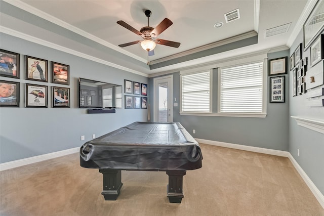 recreation room with ceiling fan, ornamental molding, light colored carpet, and pool table