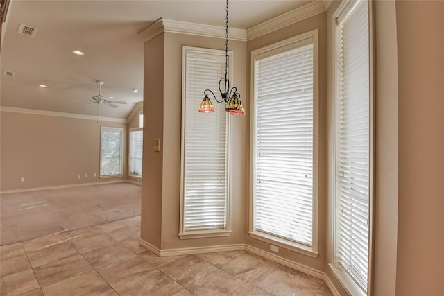 interior space with light tile patterned floors, ceiling fan with notable chandelier, vaulted ceiling, and crown molding