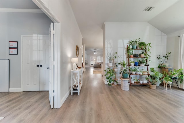 foyer with ceiling fan, light wood-type flooring, ornamental molding, and lofted ceiling