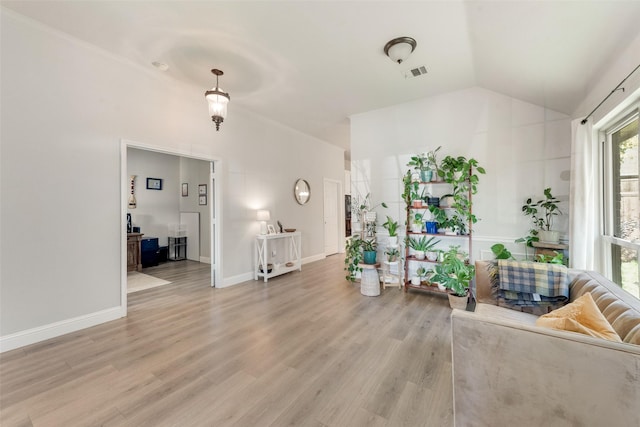 living room with hardwood / wood-style flooring and lofted ceiling