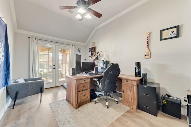 home office featuring ceiling fan, french doors, vaulted ceiling, and light hardwood / wood-style flooring