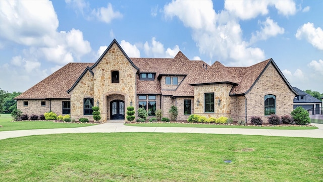 view of front of home with a front yard and french doors