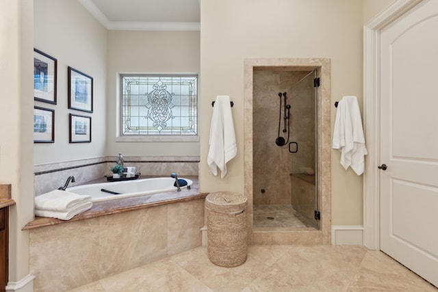 bathroom featuring separate shower and tub, crown molding, and vanity