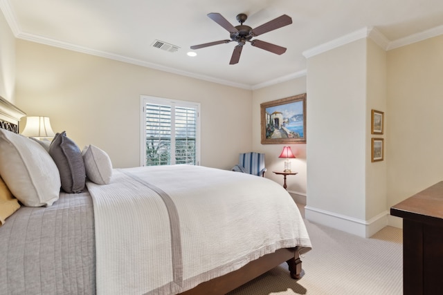 bedroom featuring ceiling fan, carpet, and ornamental molding